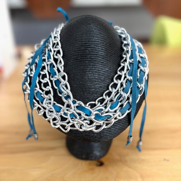 Silver Multi Strand Chain with Blue Suede Lace Statement Necklace - Picture 6 of 6